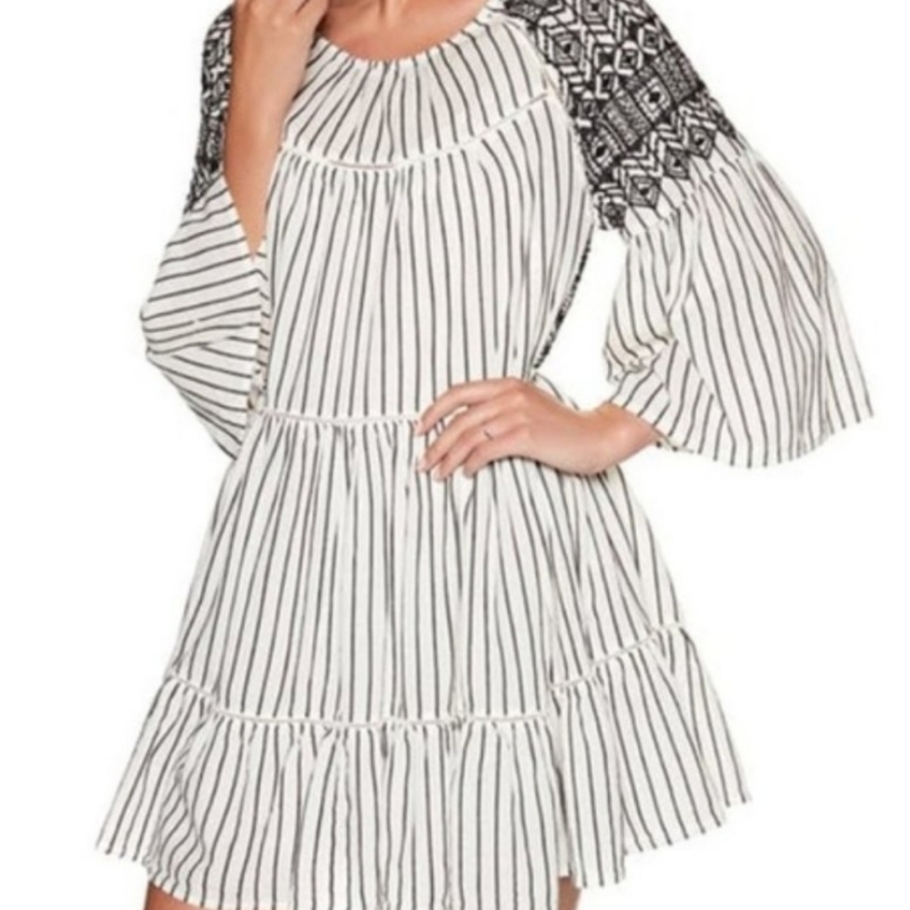 Free People White Black Embroidered Mini Dress Cut Out Back Flounce Pleated S